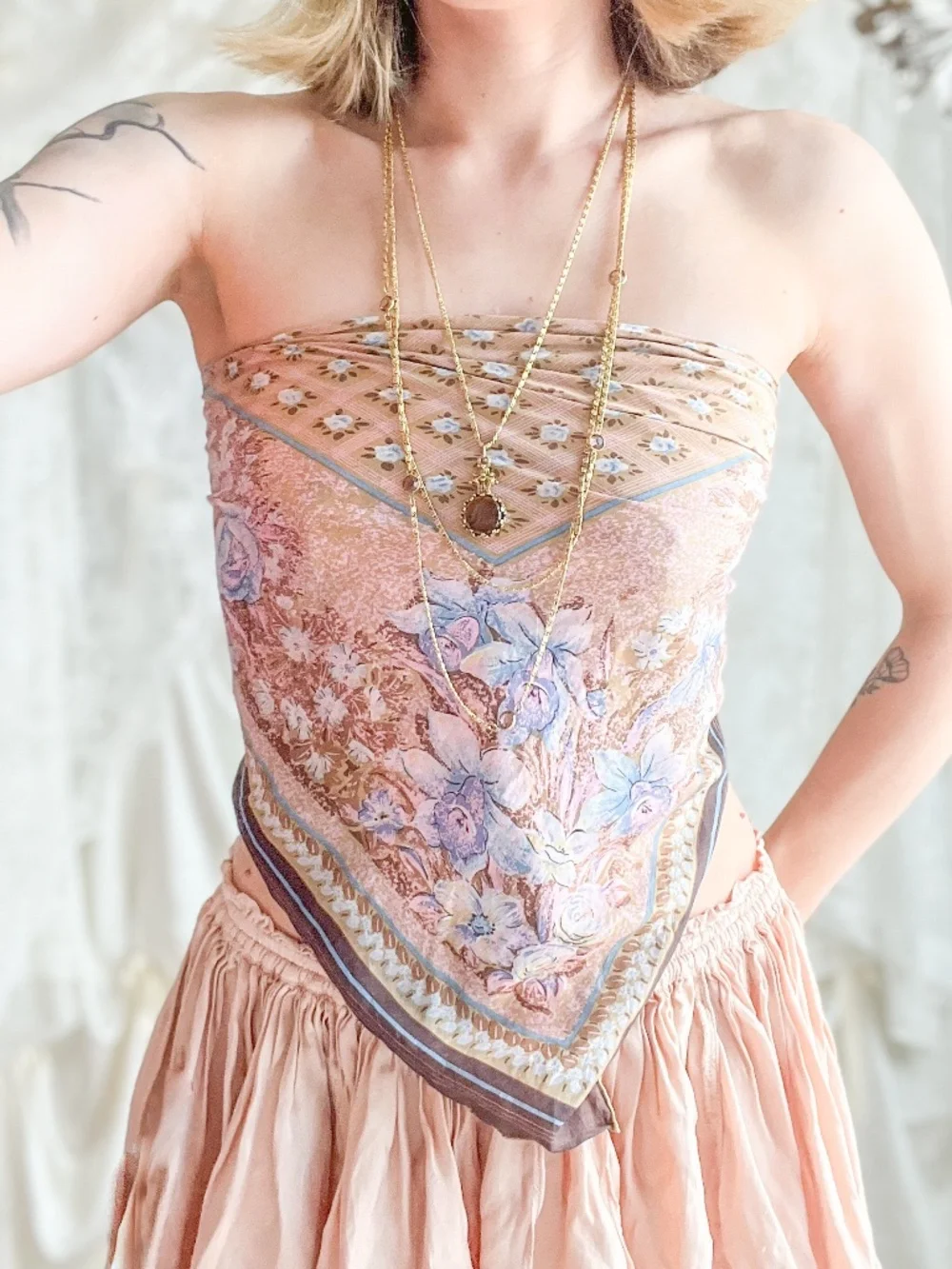 Pure Silk Pink Floral Square Scarf Romantic Cottage Bandana Top